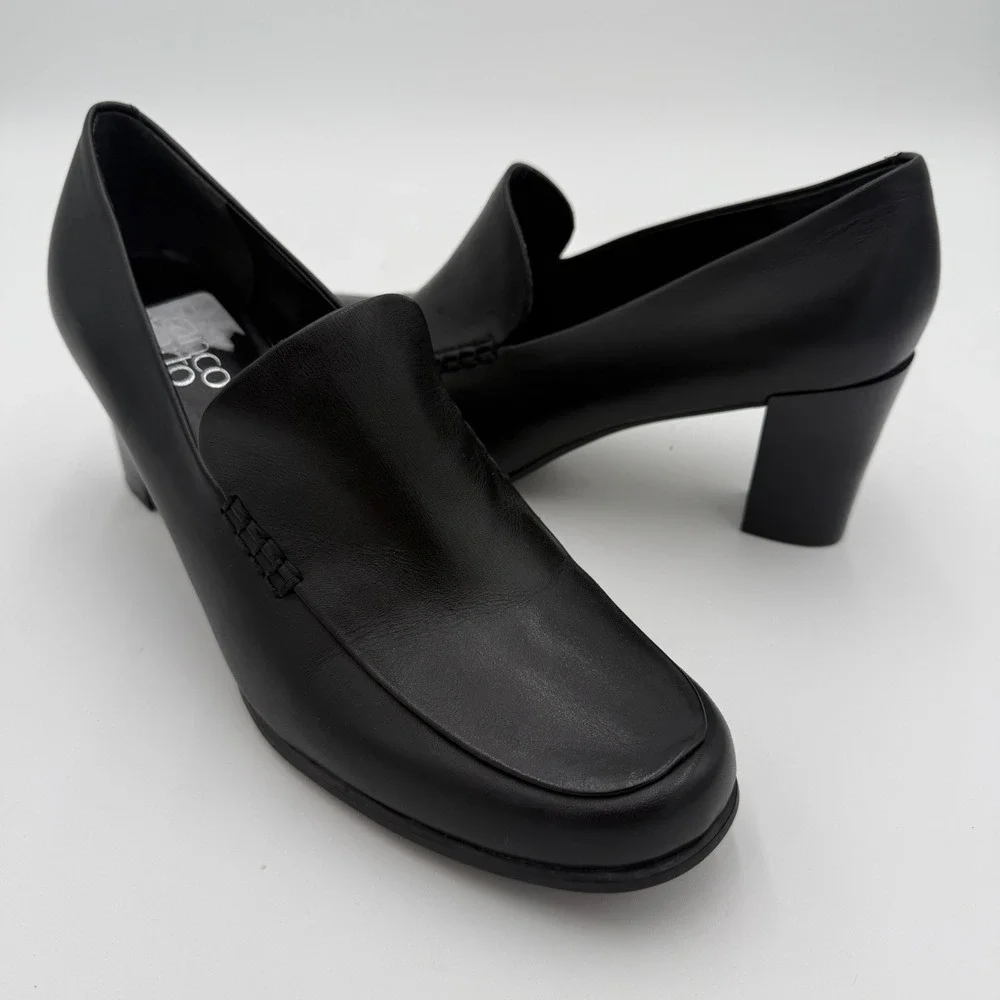 Franco‎ Sarto Nolan Pump Black Leather Block Heel Loafers High Heels Shoes 9.5